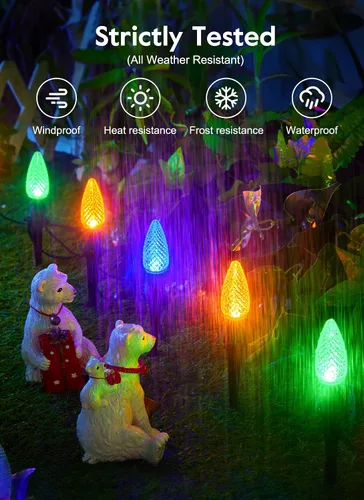 Vista 3 de Brightown Luces de Navidad C9 C9 para exteriores, 25.7 pies, fresa, C9, luces de camino de Navidad con 20 bombillas LED y estacas, decoraciones