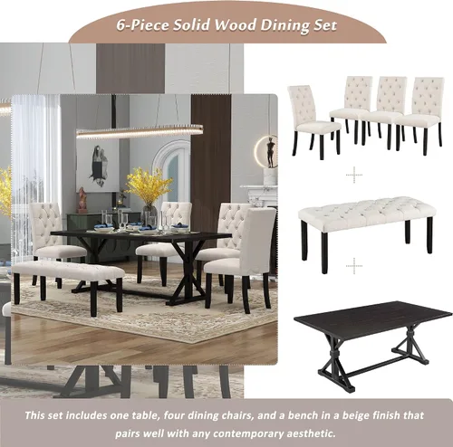 Vista 7 de Juego de mesa de comedor de 6 piezas, juego de comedor de madera con mesa rectangular de madera de 78 pulgadas, 4 sillas tapizadas y banco, juego