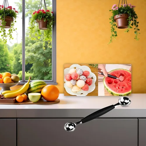 Vista 2 de Cuchara de melón de acero inoxidable 2 en 1, cuchara de melón de doble cara, helado de melón de sandía adecuado, cómodo agarre antideslizante
