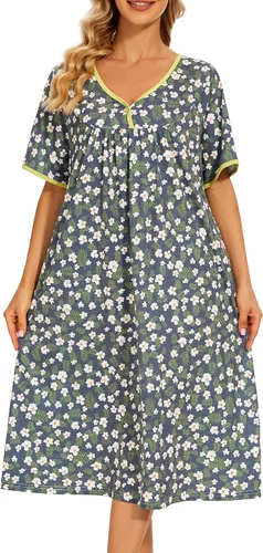 Vista 2 de AVIIER Camisones de noche de algodón suave para mujer, ropa de dormir de manga corta con bolsillos