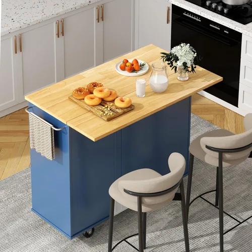 Vista 15 de Shintenchi Isla de cocina con hoja plegable, mesa de isla enrollable con almacenamiento, armario de cocina con ruedas con área de asiento