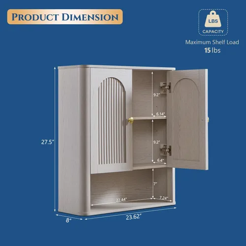 Vista 2 de Gabinete de pared arqueado acanalado cuarto de baño, 23.6''W botiquín, gris Gris claro