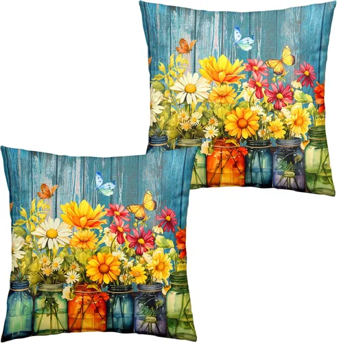 Vista 79 de Juego de 2 fundas de almohada patrióticas para exteriores, diseño de estrellas azules del 4 de julio, 16 x 16 pulgadas, fundas de almohada