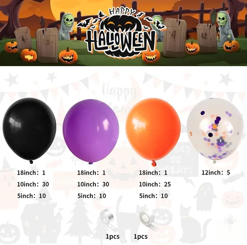 Vista 2 de Jobkoo Kit de guirnalda de arco de globos de Halloween, globos de confeti negro, morado, naranja, globos de confeti de Halloween, cumpleaños, baby