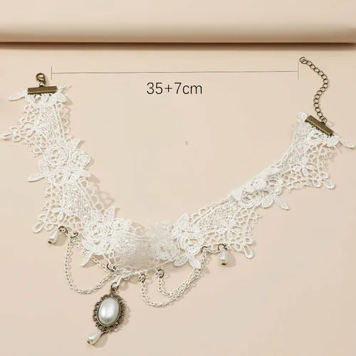 Vista 7 de YienDoo Gargantilla de encaje vintage con patrón de encaje gótico blanco, collar punk con borla y cuentas de perlas, gargantilla de princesa