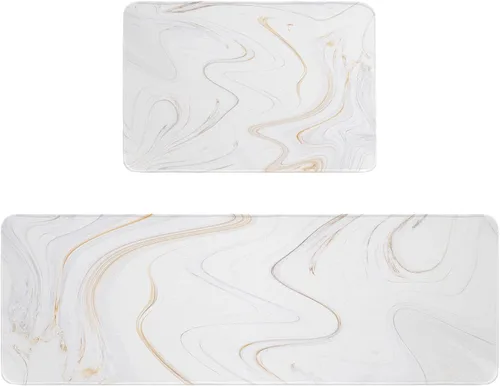 Vista 2 de Juego de 2 tapetes y alfombras de cocina de mármol, color blanco, lavables, absorbentes, color gris dorado, alfombra antifatiga para cocina, baño