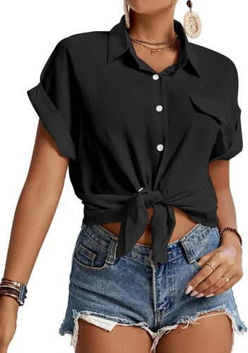 Vista 3 de LYANER Blusa casual con cuello enrollado para mujer, con mangas casquillo, con botones