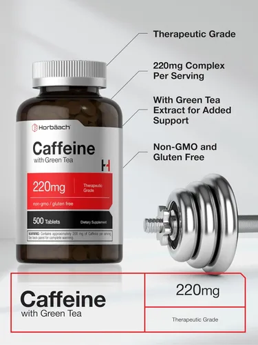Vista 4 de Horbäach Píldoras de cafeína de 220 mg con té verde 500 tabletas Vegetarianas, sin OMG y sin gluten