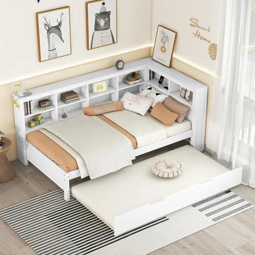 Vista 21 de Sofá cama de madera de tamaño matrimonial con 2 armarios de noche, estantes superiores y 4 cajones, marco de madera resistente, espacio de Marrón