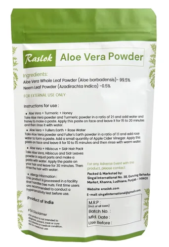 Vista 2 de Raslok Aloe Vera Powder Aloe barbadensis Powder Hidratante natural para la piel (3.52 oz) Solo para uso externo