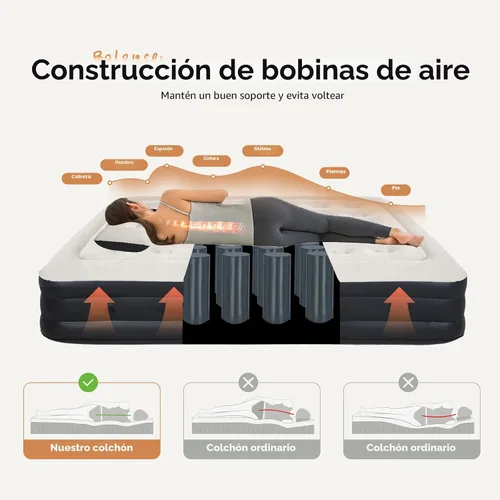 Vista 2 de Colchón de aire tamaño King con cabecera y bomba, colchón inflable inflable