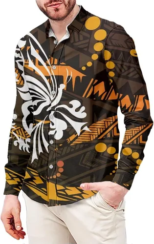 Vista 20 de Camisa polinesia con botones para hombre, Aloha Samoan, patrón tradicional, manga larga, camisa hawaiana para hombre, talla grande, casual