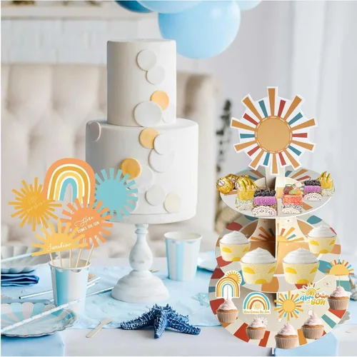 Vista 4 de Zliisang Here Comes The Son - Soporte para cupcakes para 24 cupcakes retro Sunshine Daisy Cupcake Stand Boho Sun Cupcake Soporte para postre