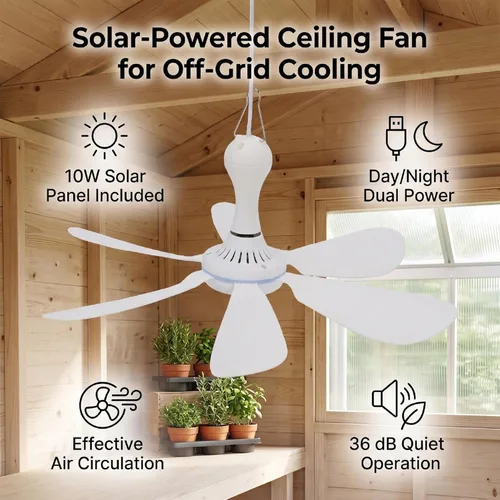 Vista 6 de Solar Ceiling Fan - 10W Monocrystalline Solar Panel With USB Power