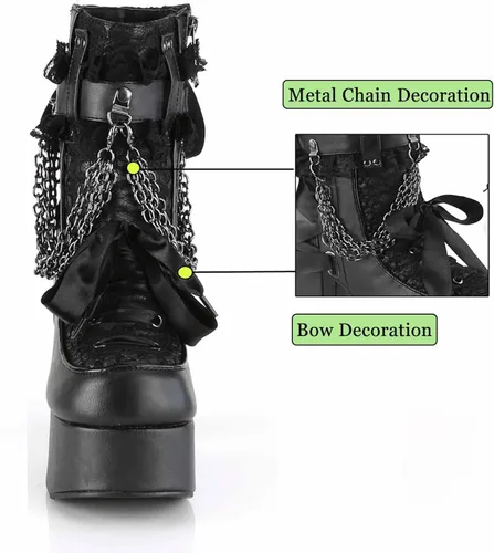 Vista 4 de MSYINGL Botas de plataforma para mujer, botas de tobillo gruesas con cremallera lateral, con cadena y corbatín, botas góticas punk de moda