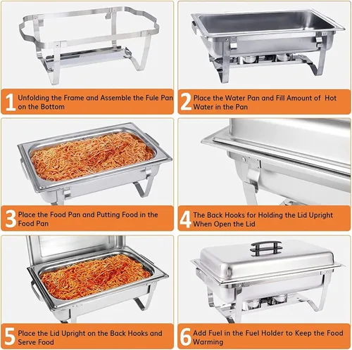 Vista 4 de Juego de 4 platos para bufé de roce de plato: calentador de alimentos de acero inoxidable de 9 cuartos de galón - Servidores de buffet de 9 cuartos