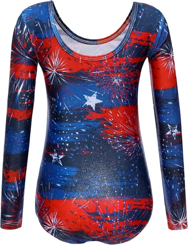 Vista 3 de Zaclotre Mallas de gimnasia de manga larga con estrellas brillantes para niñas patrióticas de Estados Unidos para niños, plateado