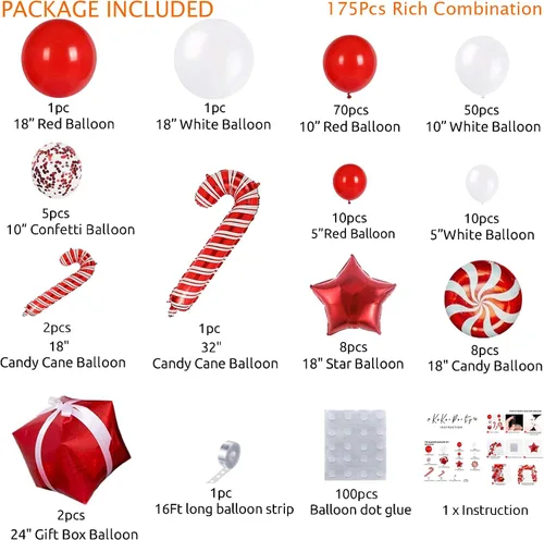 Vista 3 de Kit de arco de globos de Navidad de 175 piezas, incluye globos rojos, blancos, de bastón de caramelo y confeti, kit de herramientas