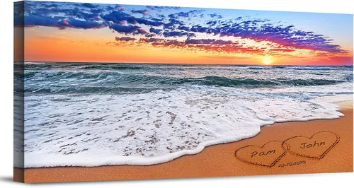 Vista 20 de Corazón y corazón en hermoso amanecer fotos personalizadas únicas o impresiones en lienzo con nombres de pareja y fecha especial en la playa, regalo