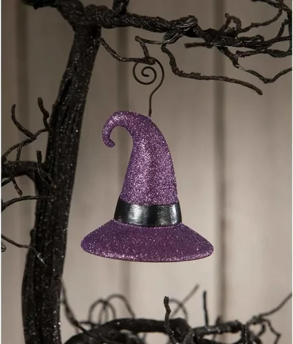Vista 3 de Bethany Lowe Sombrero De Bruja Purpurina Purpurina Polyresin Halloween Lugar Tarjetero - Un Adorno 4.5 Pulgadas - Tf2234 - Púrpura
