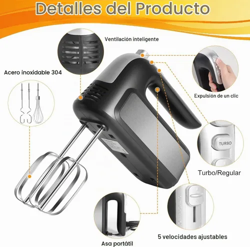 Vista 3 de Batidora de mano eléctrica de 400 W, 5 velocidades con turbo, 5 accesorios