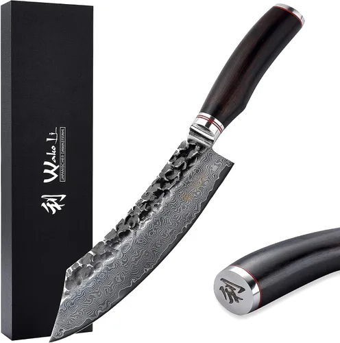 Vista 10 de Wakoli EBO BBQ Hamokiri - Cuchillo de carnicero de damasco de 7.9 pulgadas Acero con núcleo VG10 de 67 capas Mango de madera de roble oscuro