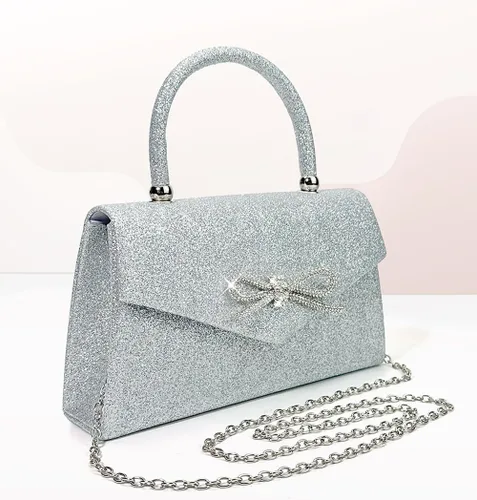 Vista 2 de Bolso de noche para mujer, con lazo brillante, bolso de mano para boda, fiesta, monederos con diamantes de imitación con purpurina para cóctel