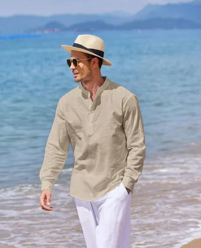 Vista 3 de COOFANDY - Camisa de lino y algodón con cuello Henley, de manga larga, estilo hippie, informal, camisetas de playa