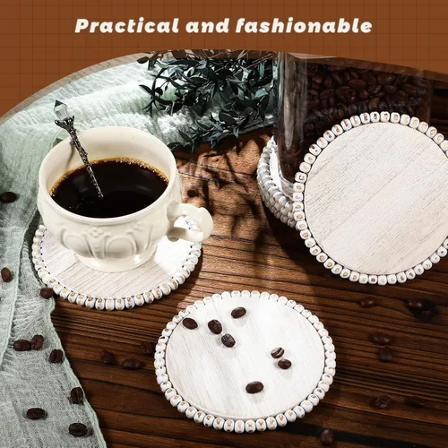Vista 4 de Meanplan 10 posavasos de madera con cuentas, posavasos a granel para bebidas, mesa de café de 4.7 pulgadas, redondos, de granja, con cuentas
