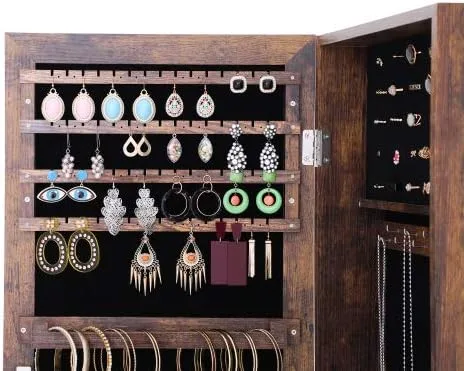 Vista 3 de HOUAGI Espejo con almacenamiento de joyas, organizador de joyas sobre la puerta, armario de joyería colgante con cerradura y espejo de longitud