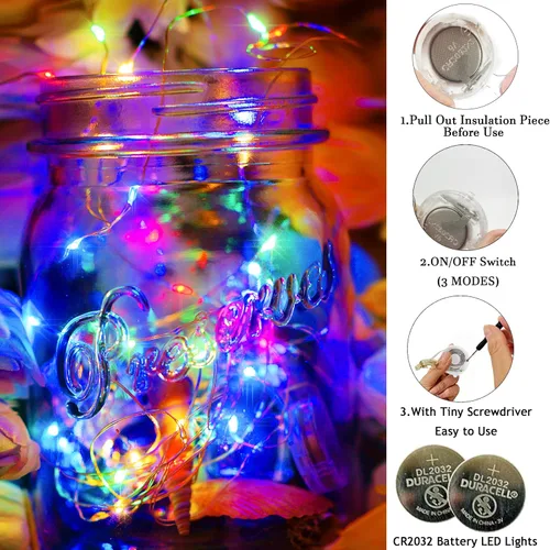 Vista 5 de Guirnalda de luces multicolor de Navidad parpadeantes, funciona con pilas, 3 modos, 20 LED, 12 paquetes de luces de luciérnaga estrellada de alambre