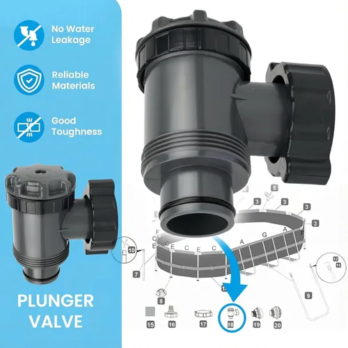 Vista 4 de Válvula de émbolo para piscinas sobre el suelo, conexión de 1.55 pulgadas, caudal de 1800 gph, ajuste universal, fácil de instalar, reemplazo