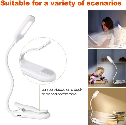 Vista 6 de Luz de lectura de libro con clip para cama, lámpara de libro con abrazadera con 5 LED para el cuidado de los ojos, 3 colores cambiables, funciona