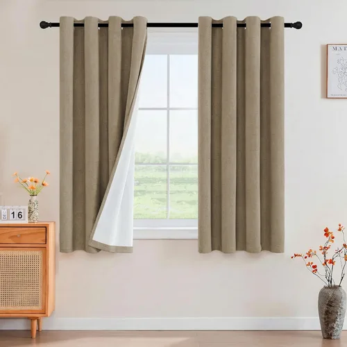 Vista 22 de Cortinas con textura de lino 100% opacas de 64 pulgadas de largo, juego de 2 paneles de cortinas de lino opacas con forro aislante térmico que Arena