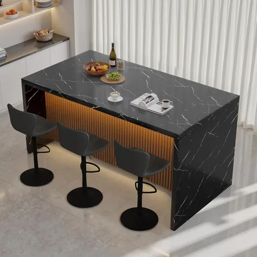 Vista 6 de Mesa de comedor rectangular grande y moderna de 67 pulgadas para 4-6 personas, mesa de isla de mármol de imitación con luces LED para cocina