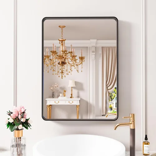 Vista 36 de JISOSO - Espejo de baño negro de 20x30 pulgadas con marco de metal negro, espejo de tocador rectangular redondeado con acabado mate para pared