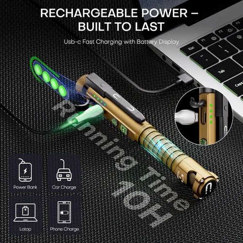 Vista 3 de Linterna EDC recargable, linterna pequeña de 800 lúmenes con clip magnético y base, linterna LED de 11 modos, rompedor de vidrio y abridor
