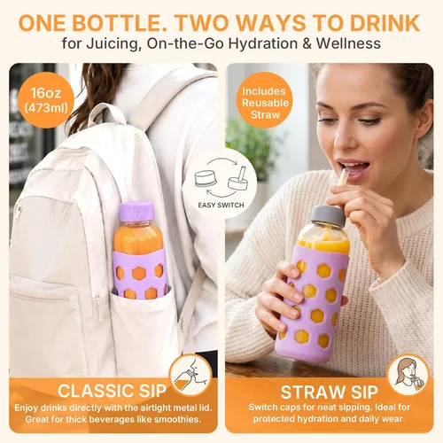 Vista 6 de [Usado] Sursip 16 oz Glass Juice Bottles with Lids, 6 Pack Reusable Clear Glass, Silicone Sleeves and Straws, Leakproof, For Juicing, Smoothies