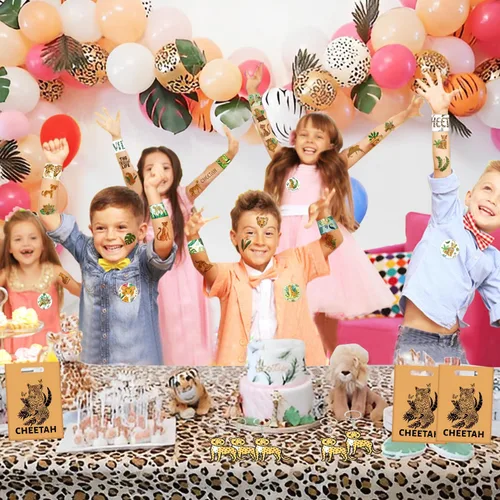 Vista 6 de Regalos de fiesta de guepardo, pulseras con temática de guepardo, llaveros, insignia, tatuajes temporales, bolsas de regalo para niños, leopardo