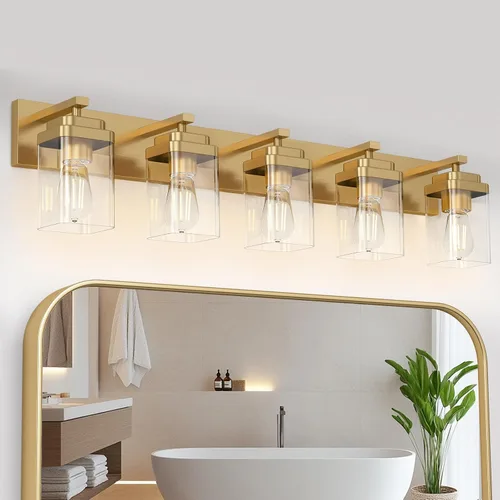 Vista 17 de Lámparas de baño de oro cepillado, 4 luces de baño sobre el espejo, diseño cuadrado y placa trasera grande rectangular, accesorios de iluminación
