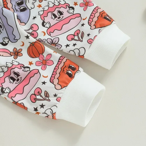 Vista 4 de TBUIALL Conjunto de 2 piezas de manga larga para niña, conjunto de otoño para niñas, suéter de manga larga con estampado de tartas, ropa de bebé