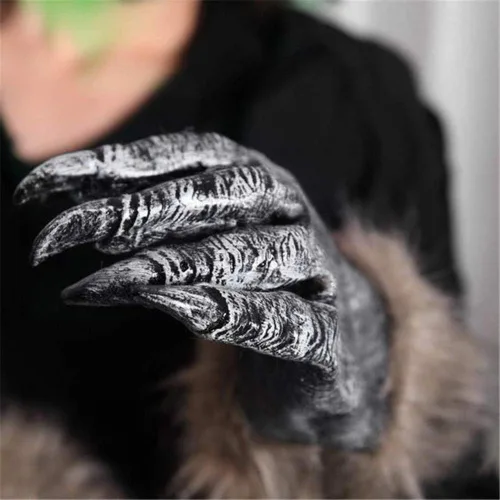 Vista 4 de Guantes de lobo de Halloween, disfraz de hombre lobo, garra de pata, manos peludas, mitones espeluznantes, animales, cosplay, decoración cálida