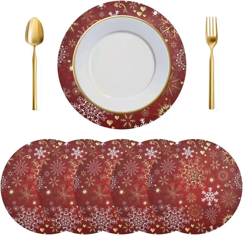 Vista 14 de Juego de 6 manteles individuales redondos, copos de nieve sobre rojo oscuro, resistentes al calor, para mesa de comedor, decoración de Navidad
