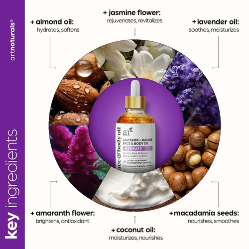 Vista 4 de Artnaturals Aceite facial orgánico de lavanda + jazmín, 4.0 onzas, para cuerpo y cabello, 100% natural, hidrata, rejuvenece y mejora tu piel, aceite