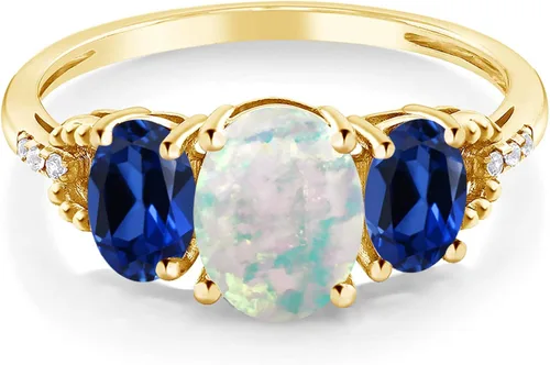 Vista 2 de Gem Stone King Anillo de compromiso de oro amarillo de 10 quilates con ópalo blanco de imitación y zafiro azul creado para mujer