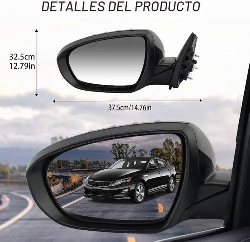 Vista 7 de Espejo lateral del conductor compatible con espejos Kia Optima 2011 2012 2013 con luz intermitente, vidrio eléctrico, plegado manual, repuesto Negro