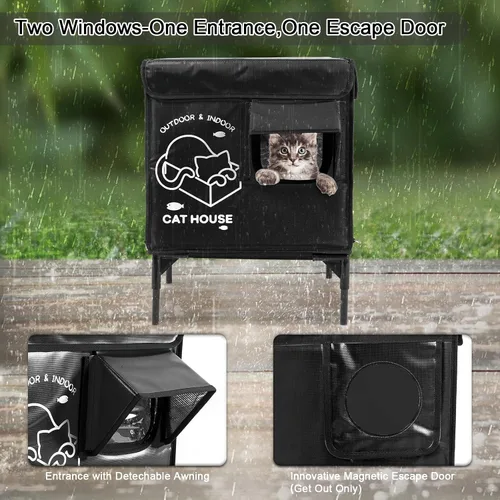 Vista 3 de Casa para gatos al aire libre, refugio elevado indestructible para gatos resistente a la intemperie con puerta de escape, exterior impermeable
