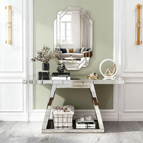 Vista 26 de SSLine Mesa de consola negra con espejo para sala de estar, mesa de entrada moderna de espejo de 43 pulgadas con base de cristal en forma de O