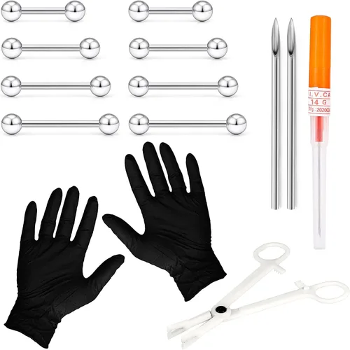 Vista 4 de Kit de piercings – Juego de piercings para lengua, pezón y puente, anillos para lengua incluidos