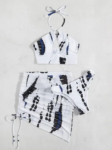 Vista 3 de MakeMeChic Traje de baño de 3 piezas para mujer con corte halter y falda